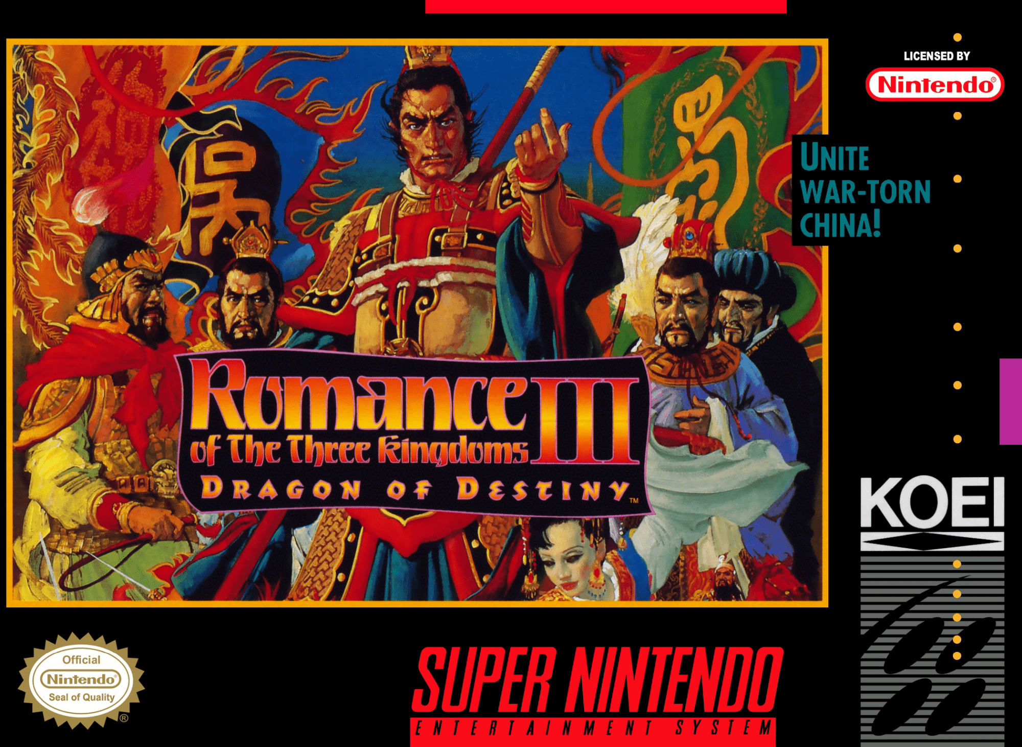 Romance of the Three Kingdoms III Dragon of Destiny box art for Super Nintendo
